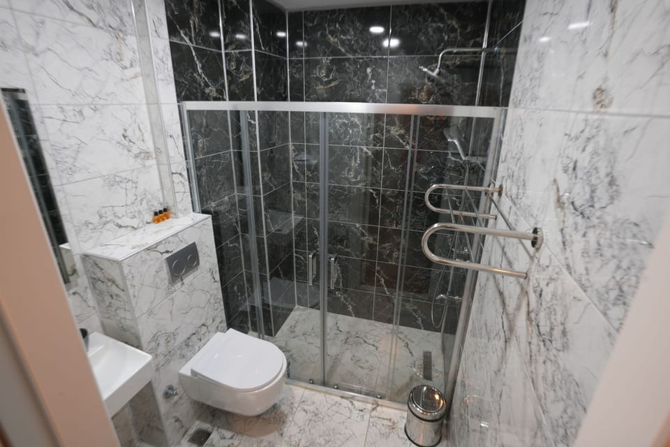 Shower, hydromassage showerhead, designer toiletries, hair dryer