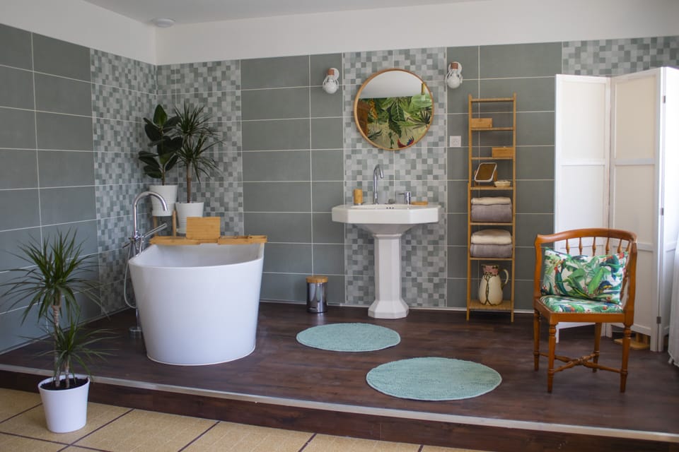 Design Room | Bathroom | Hair dryer, towels, soap, toilet paper