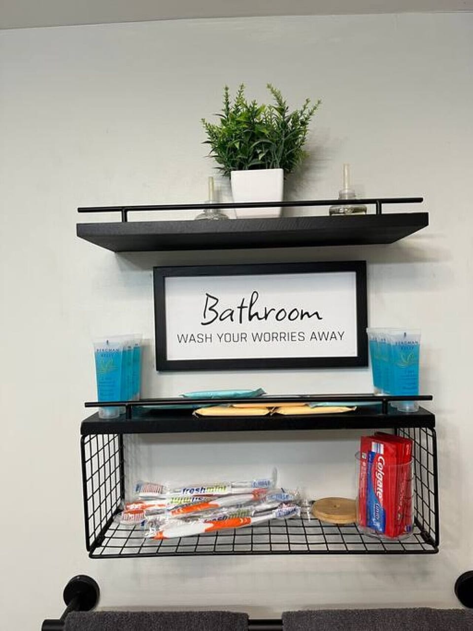 Bathroom essentials! Soap, shampoo, conditioner, toothbrushes and toothpaste.