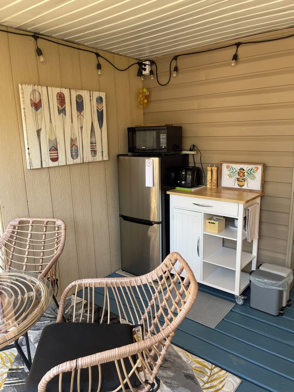 Fridge microwave toaster kettle prep area on private covered patio