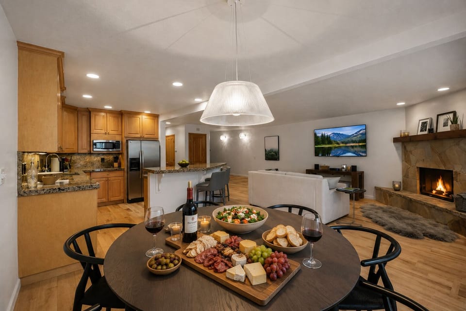Settle into your open-concept retreat where a gourmet spread awaits by candlelight, a crackling fireplace warms the living space, and every detail invites you to unwind in comfort and style.