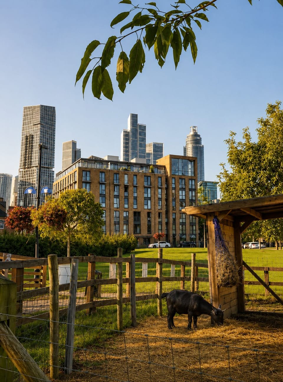 View from city farm across quiet park to apartment buiding