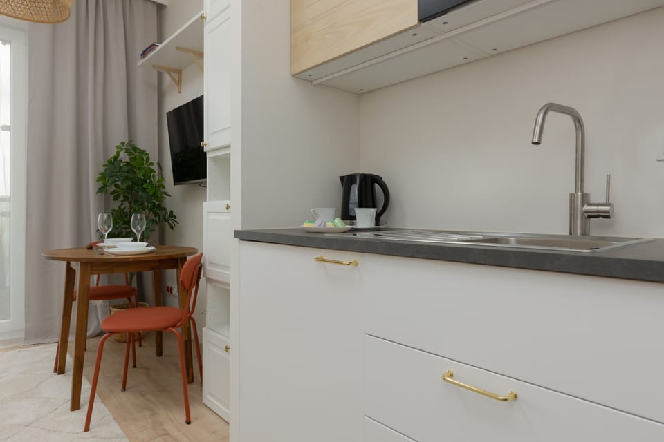 The sleek design of the kitchenette blending seamlessly with the living area.