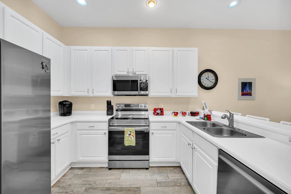 Full kitchen includes toaster, toaster oven, coffee maker, and more!
