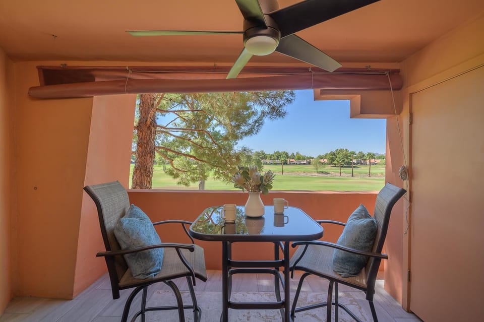 Relax on the patio overlooking the Stone Creek Golf course