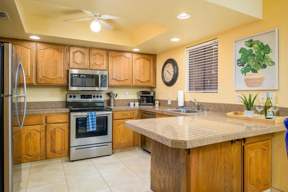 Kokopelli features fully stocked kitchen with updated countertops.