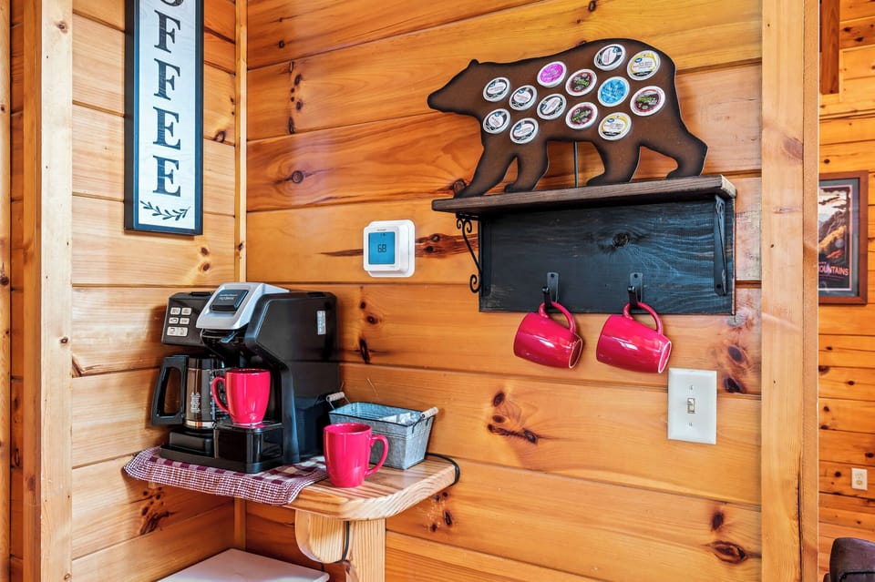 Coffee bar with programmable combo Keurig and 12 cup drip coffee maker.  