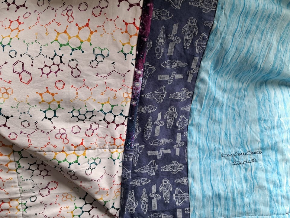 Science Room Blanket: each of the 7 stripes is a different aspect or science. 