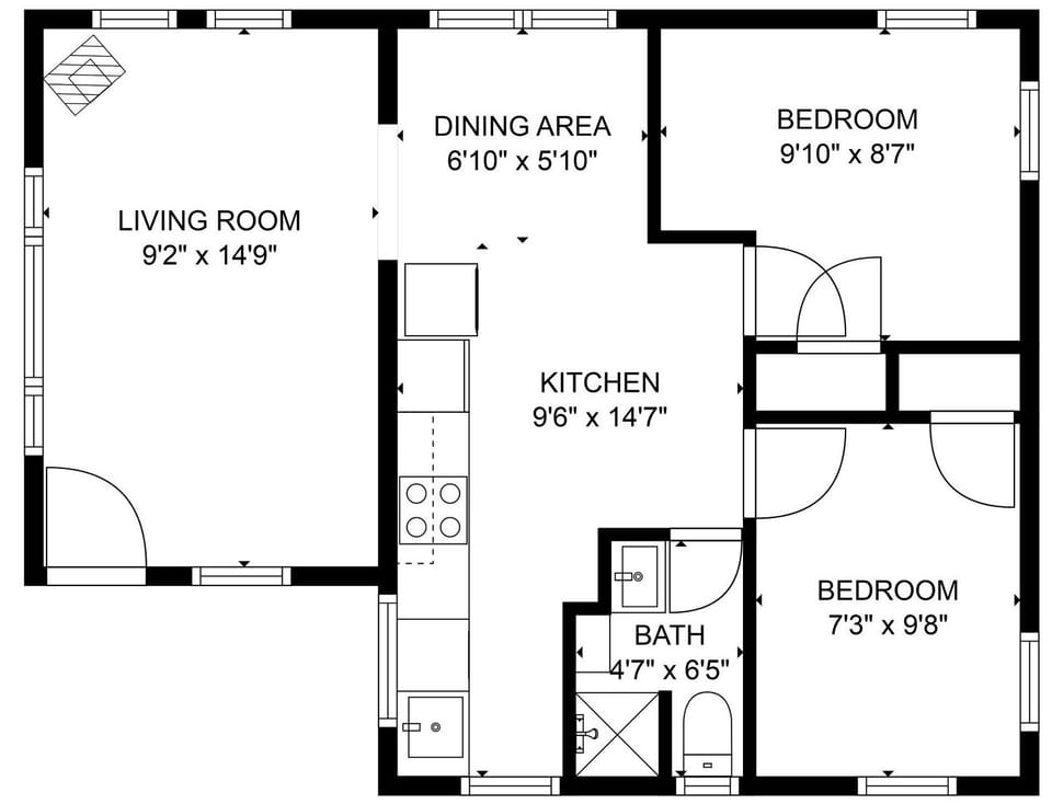 Floorplan (top right is the den, not a bedroom but is used as secondary sleep space)