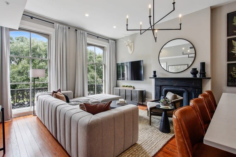  Living Room | Full View with Dining and Fireplace | Second Floor of Building — Unit on One Level