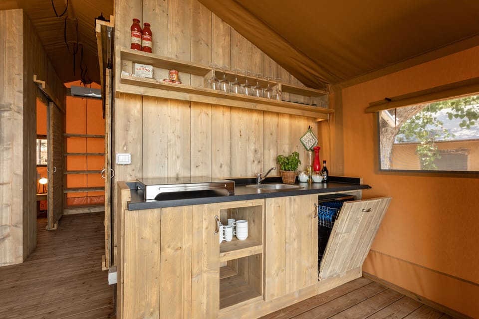 Full-size fridge, highchair, dining tables