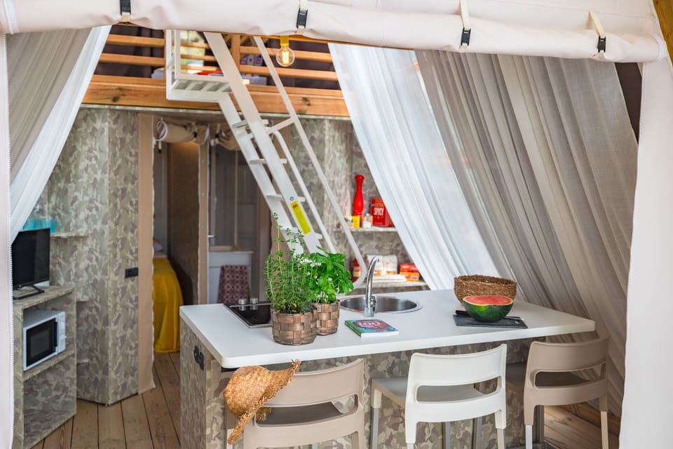 Classic Tent | Private kitchen | Full-size fridge, highchair, dining tables