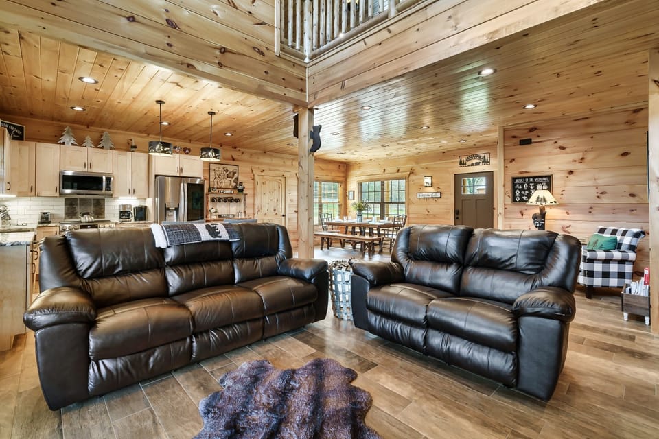 Cabin, Multiple Beds, Hot Tub | Living area | 65-inch flat-screen TV with cable channels, TV, fireplace