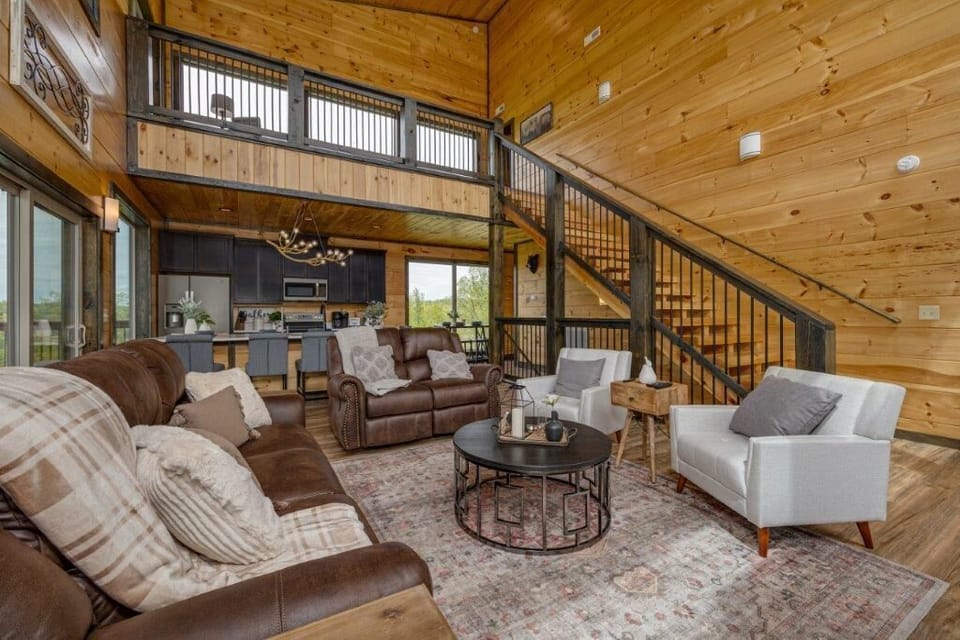 Cabin, Multiple Beds, Hot Tub | Living area | 65-inch flat-screen TV with digital channels, TV, fireplace