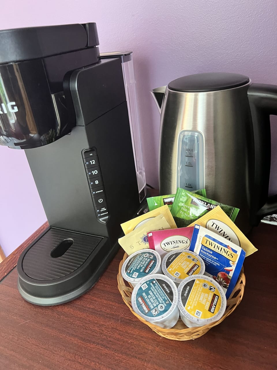 Coffee, tea, microwave and fridge