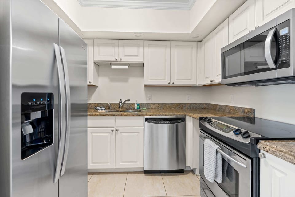 A fully-equipped kitchen with quality appliances and everything you’d need to cook homemade dishes.