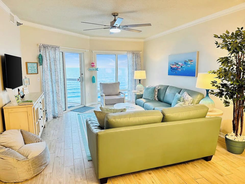 Our living room is connected to a balcony and offers beautiful views of the sea.