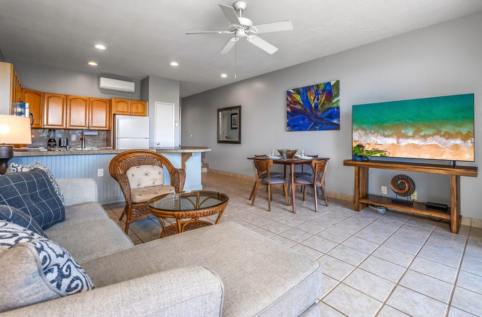 The comfy seating, dining for four, and TV create the perfect setting for unwinding after a day of adventure.