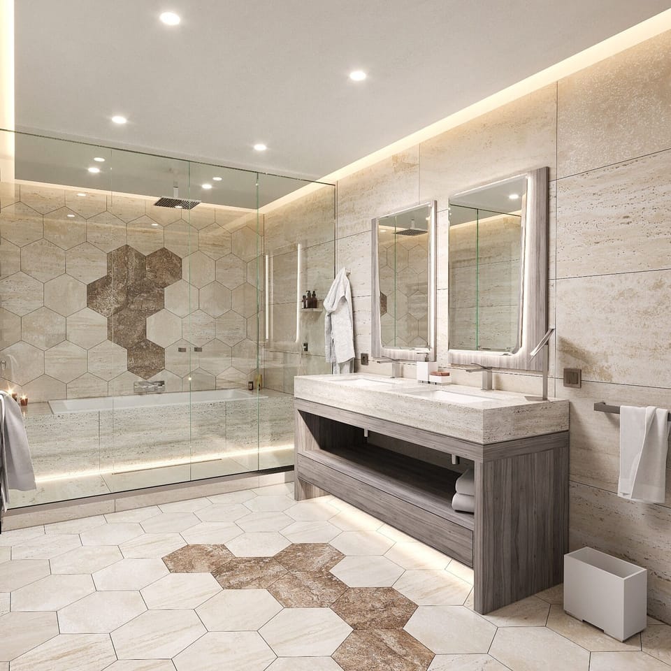 Separate tub and shower, deep soaking tub, rainfall showerhead
