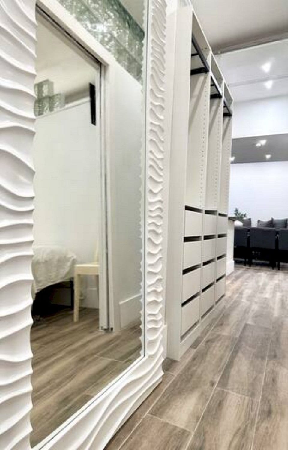 Rest in comfort! Discover a bedroom with memory foam mattresses, cozy dimmer lighting, USB chargers, Designer Mirrors, and Art Deco glass design.