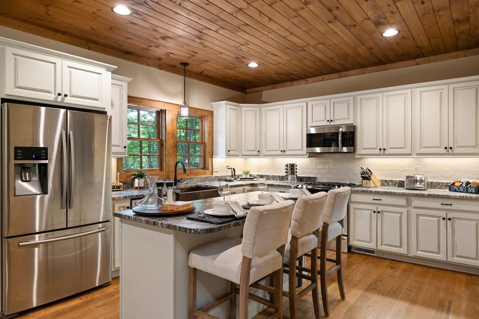 Our kitchen is equipped for all kinds of gatherings, which an instapot, stainless steel pots and pans, a Henckels knife block, and more.