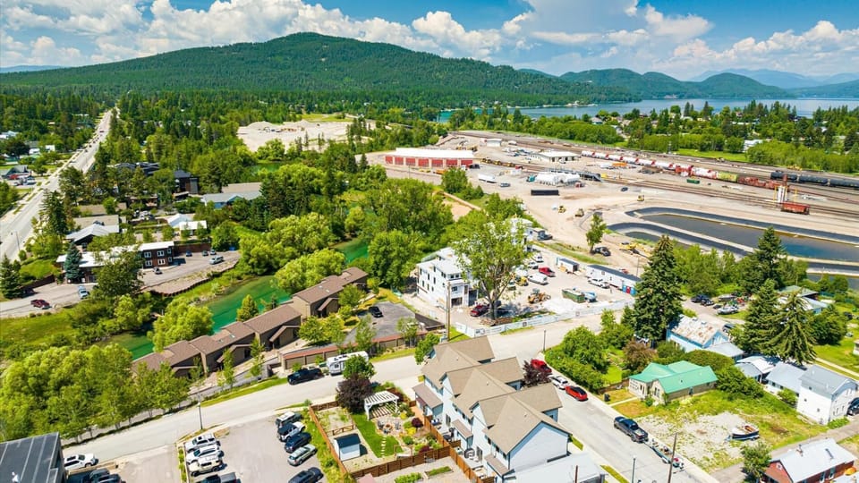 Aerial view of the property showcasing the location in the heart of downtown and river access