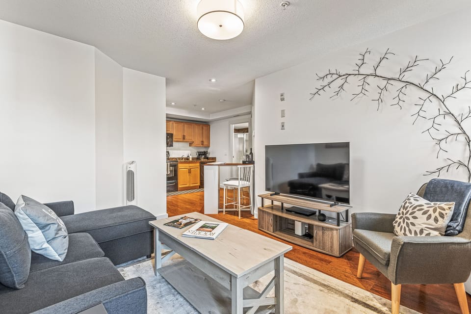 Living room looking into kitchen