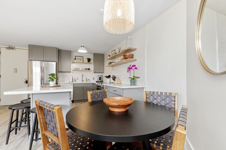 Luxury Condo | Private kitchen | Full-size fridge, microwave, oven, dishwasher