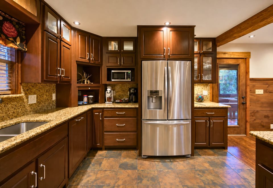 Fully equipped for meals throughout your stay, the kitchen combines stainless steel appliances with plenty of cabinetry and workspace to keep everything convenient and within reach.