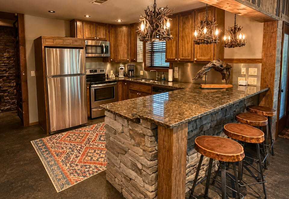 The lower kitchen offers plenty of counter space and casual bar seating, making it an easy spot to grab a bite or hang out between games and activities.