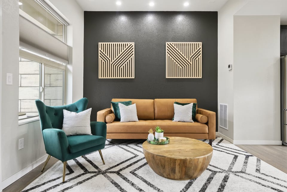 Modern Cozy Living Room - Stylish Sofa, Chic Decor & Vibrant Accent Chair