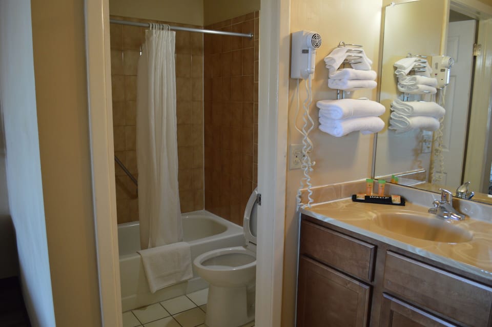 Combined shower/tub, free toiletries, hair dryer, towels