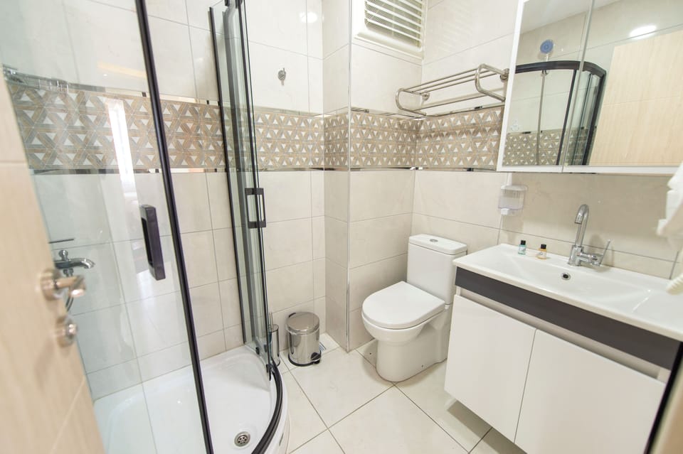 Shower, hydromassage showerhead, free toiletries, hair dryer