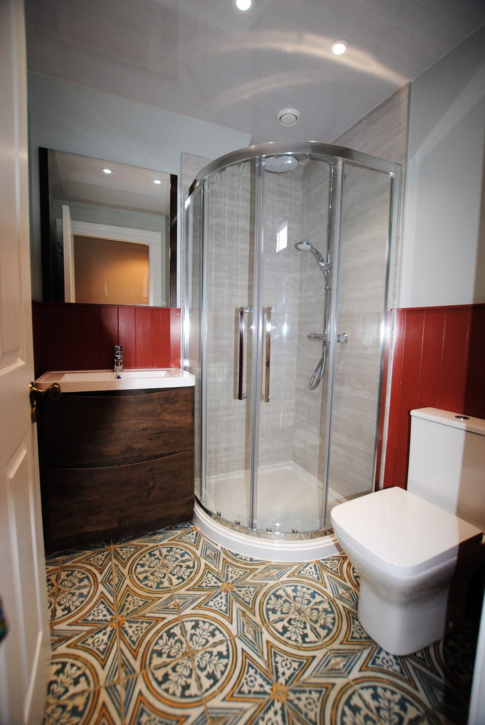 The shower room is on the first floor