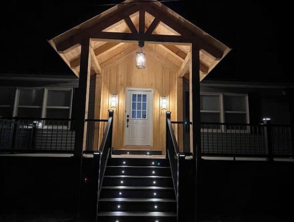 Front entrance & LG deck with post lighting  for evening fun!