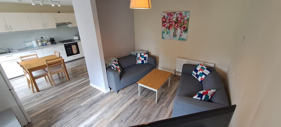 Spacious living room with comfortable seating, and open-plan kitchen