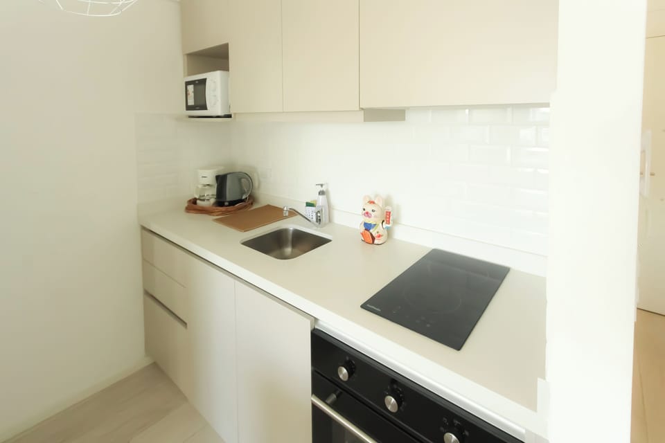 Full-size fridge, microwave, oven, blender