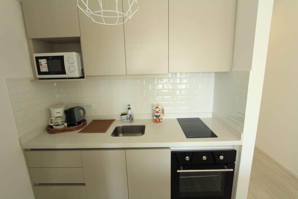 Full-size fridge, microwave, oven, blender