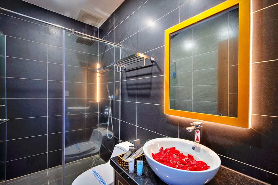 Shower, hydromassage showerhead, designer toiletries, hair dryer