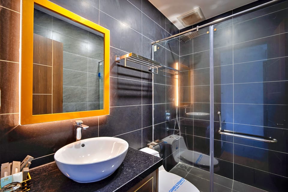 Shower, hydromassage showerhead, designer toiletries, hair dryer
