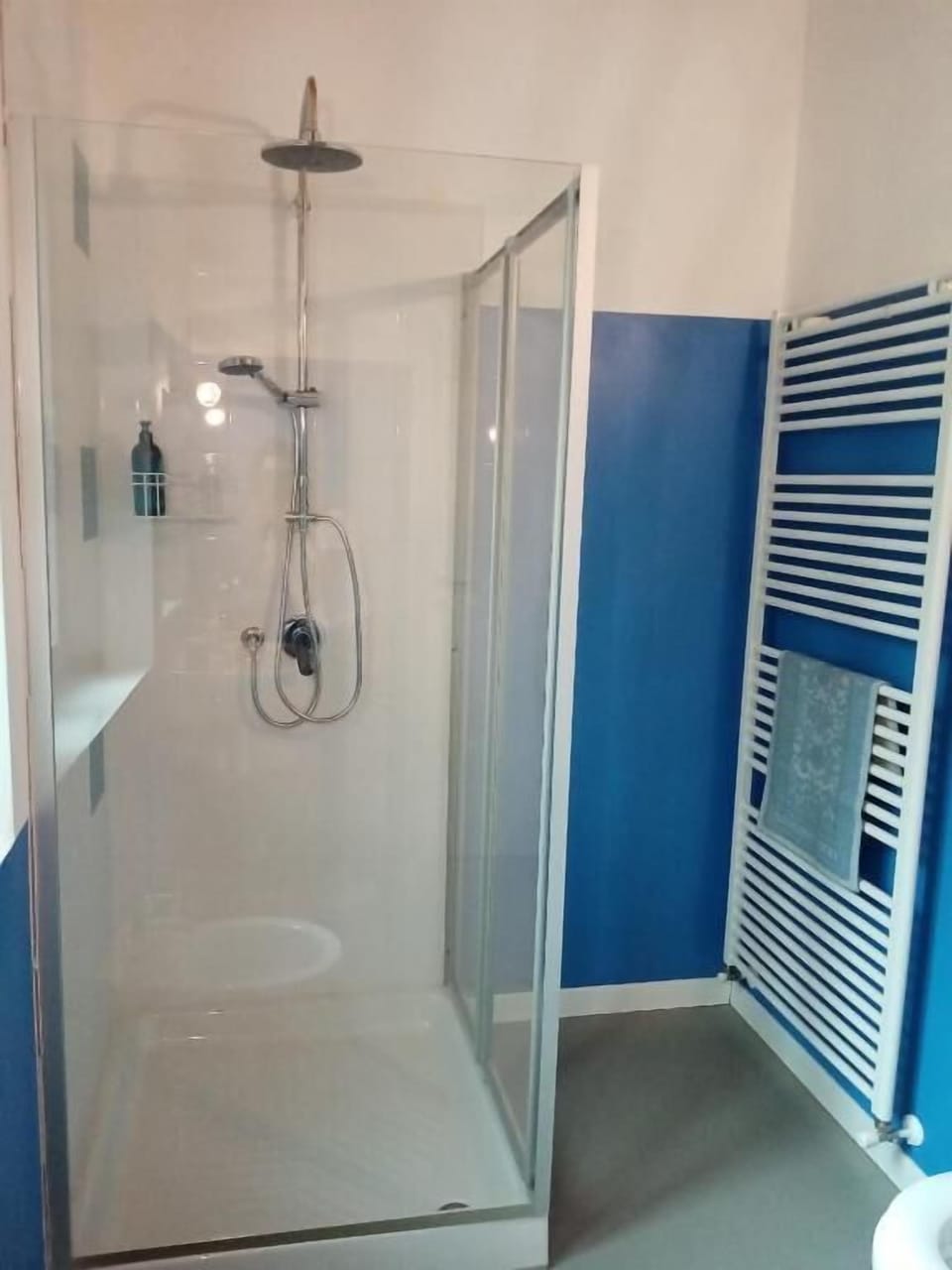 Shower, rainfall showerhead, free toiletries, hair dryer