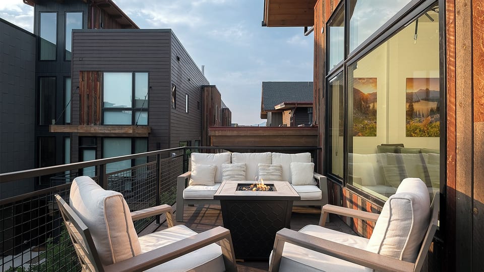 Your private balcony invites you to unwind with plush seating gathered around a cozy fire table, perfect for crisp mountain evenings under the open sky.