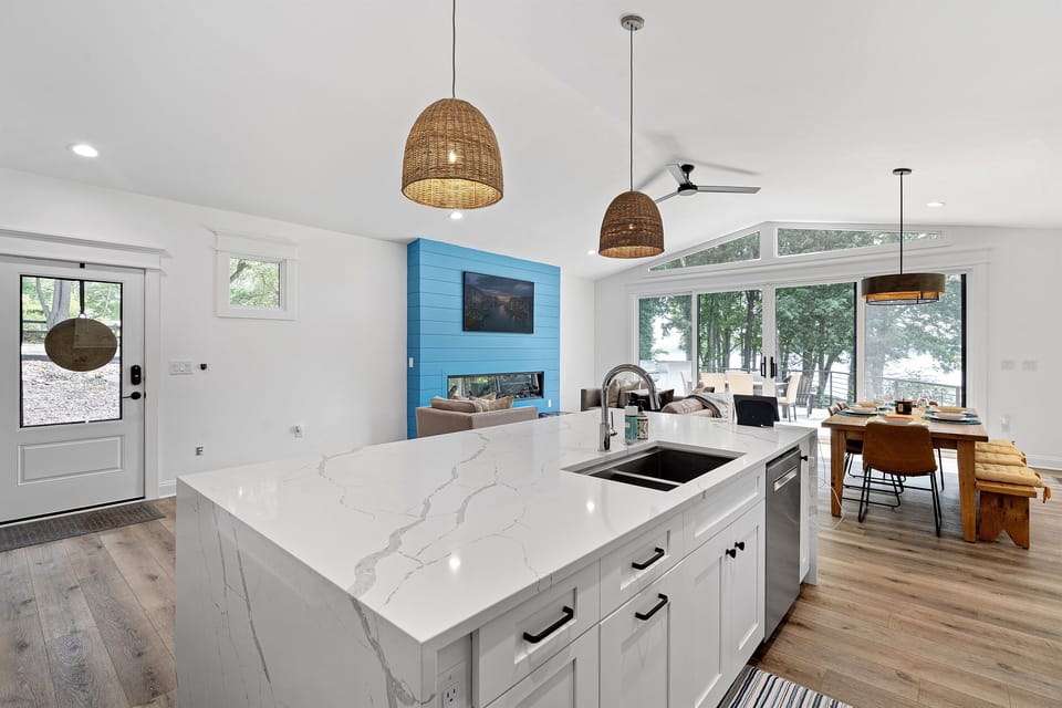 Newly remodeled home with a waterfall island