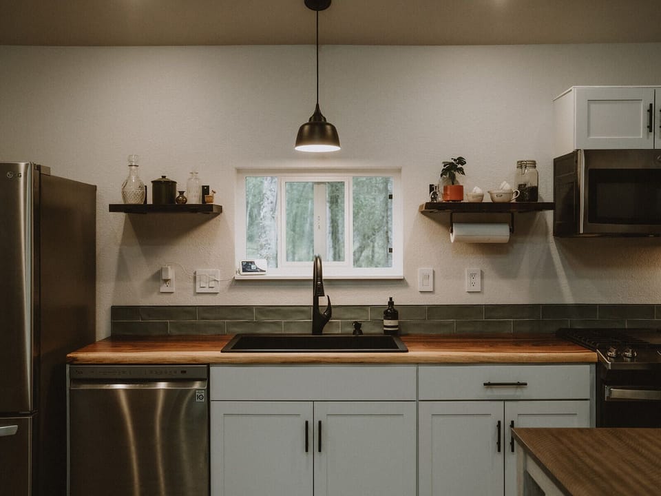 Kitchen with open shelving. 