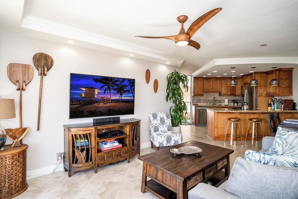 Luxury Condo | Living area | 80-inch Smart TV with digital channels, Hulu, streaming services