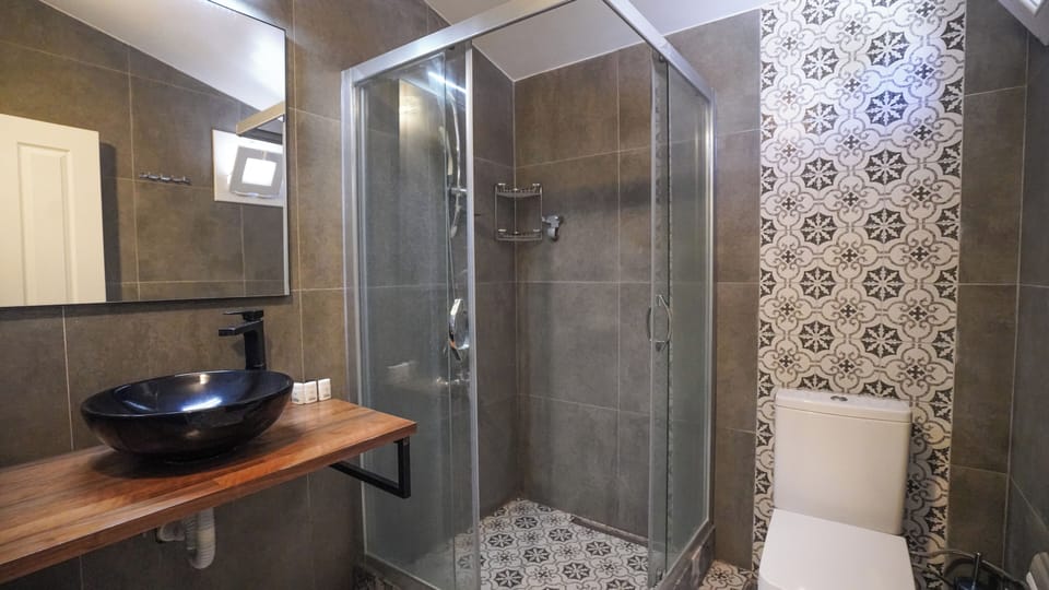 Shower, designer toiletries, hair dryer, slippers