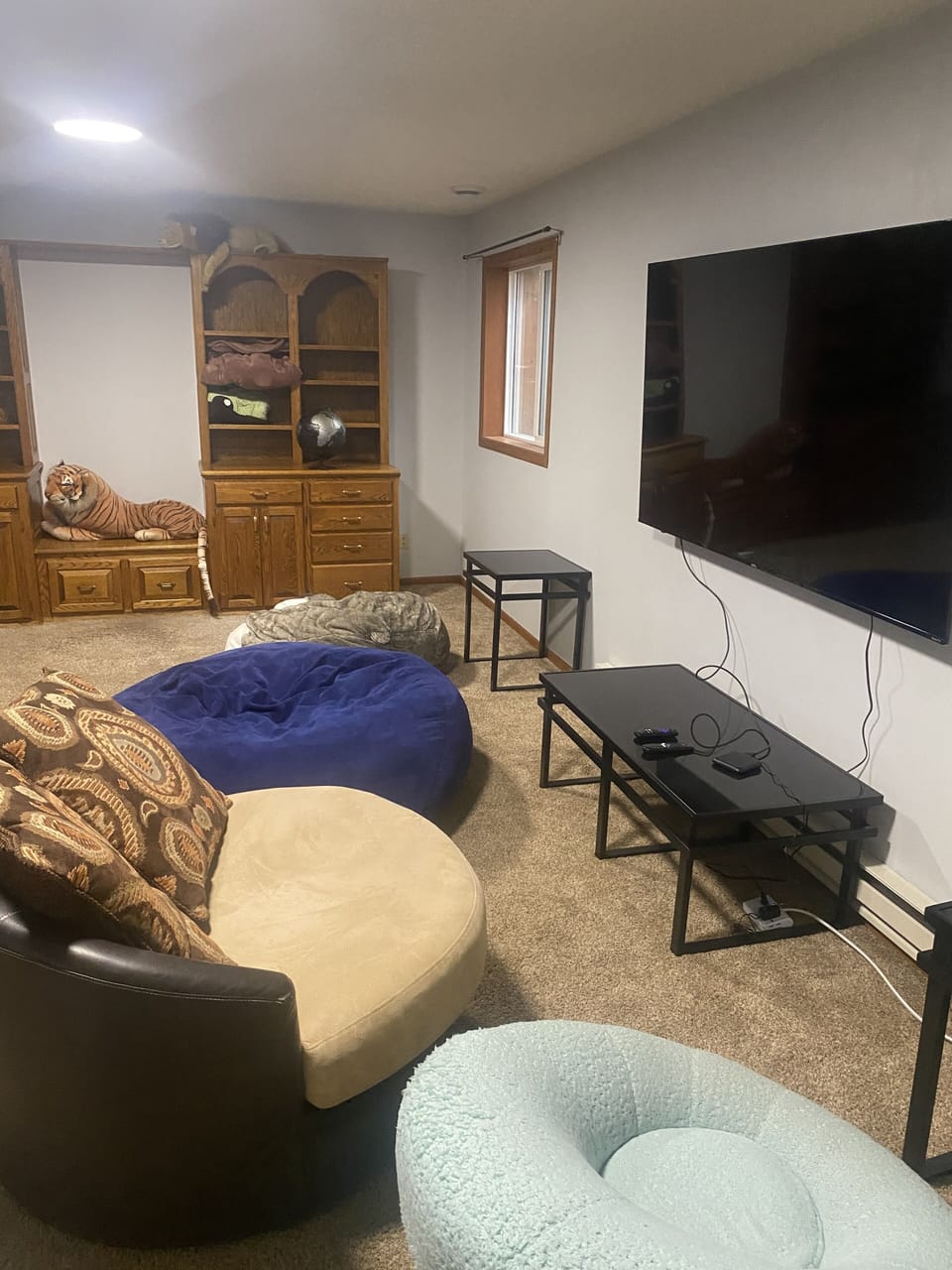 Large bean bag and smaller one, 2 comfy swivel chairs