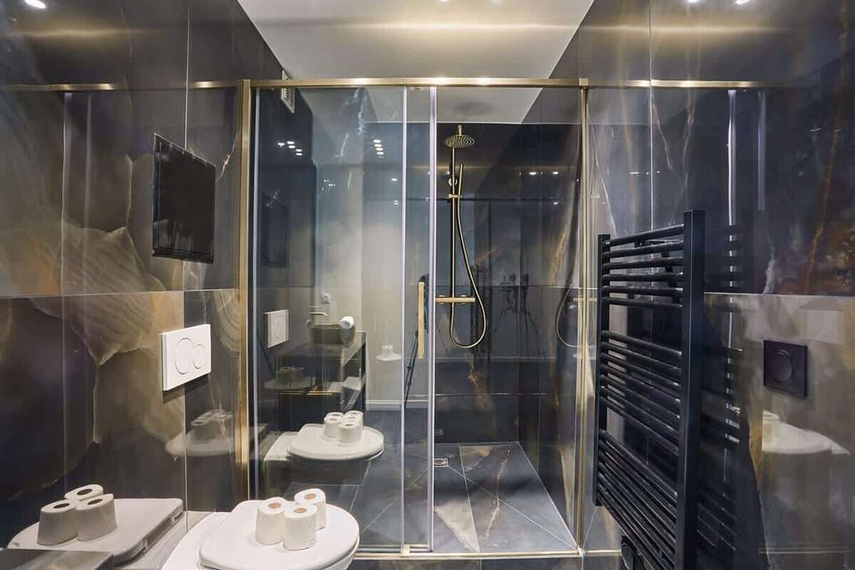 Salle de bain avec douche et toilette