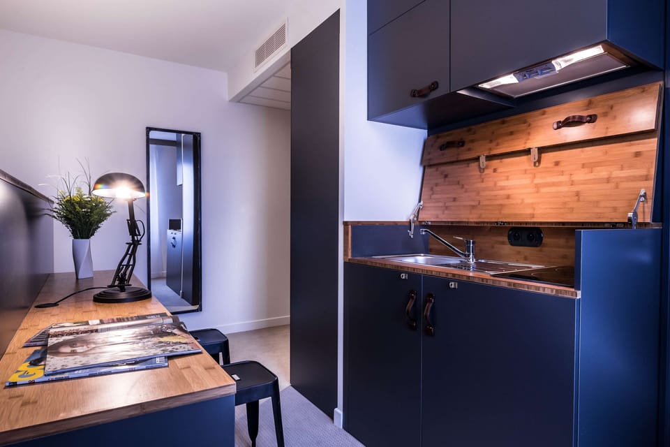 Mini-fridge, microwave, stovetop, espresso maker