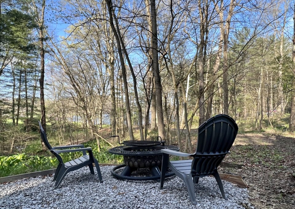 The fire pit includes a great view of the natural surroundings including beautiful Lake Logan.  